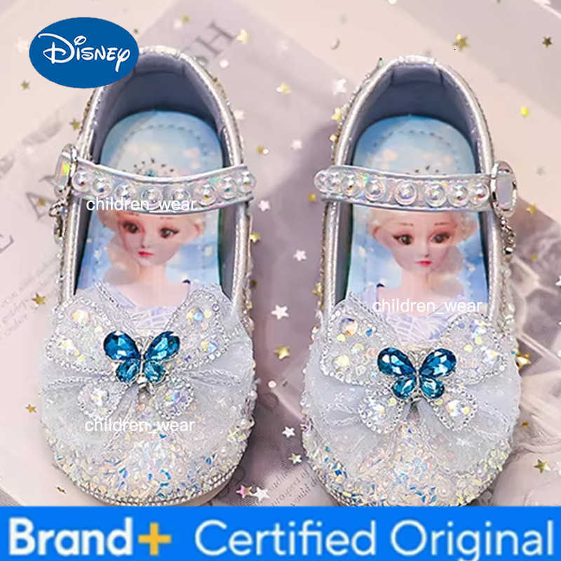 Disney Girls Sandals Cartoon Frozen Elsa Children Crystal Princess Shoes Spring Kids Bowknot Party Beach Soft Flat Glass Slippers H260303