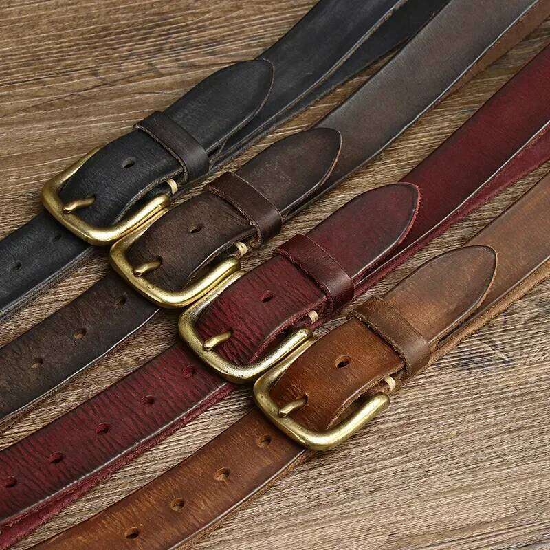 3.3 CM Pure Cowhide Genuine Leather for Men's High Quality Jeans Brass Buckle Belts Cowboy Waistband Male Fashion Designer S260228