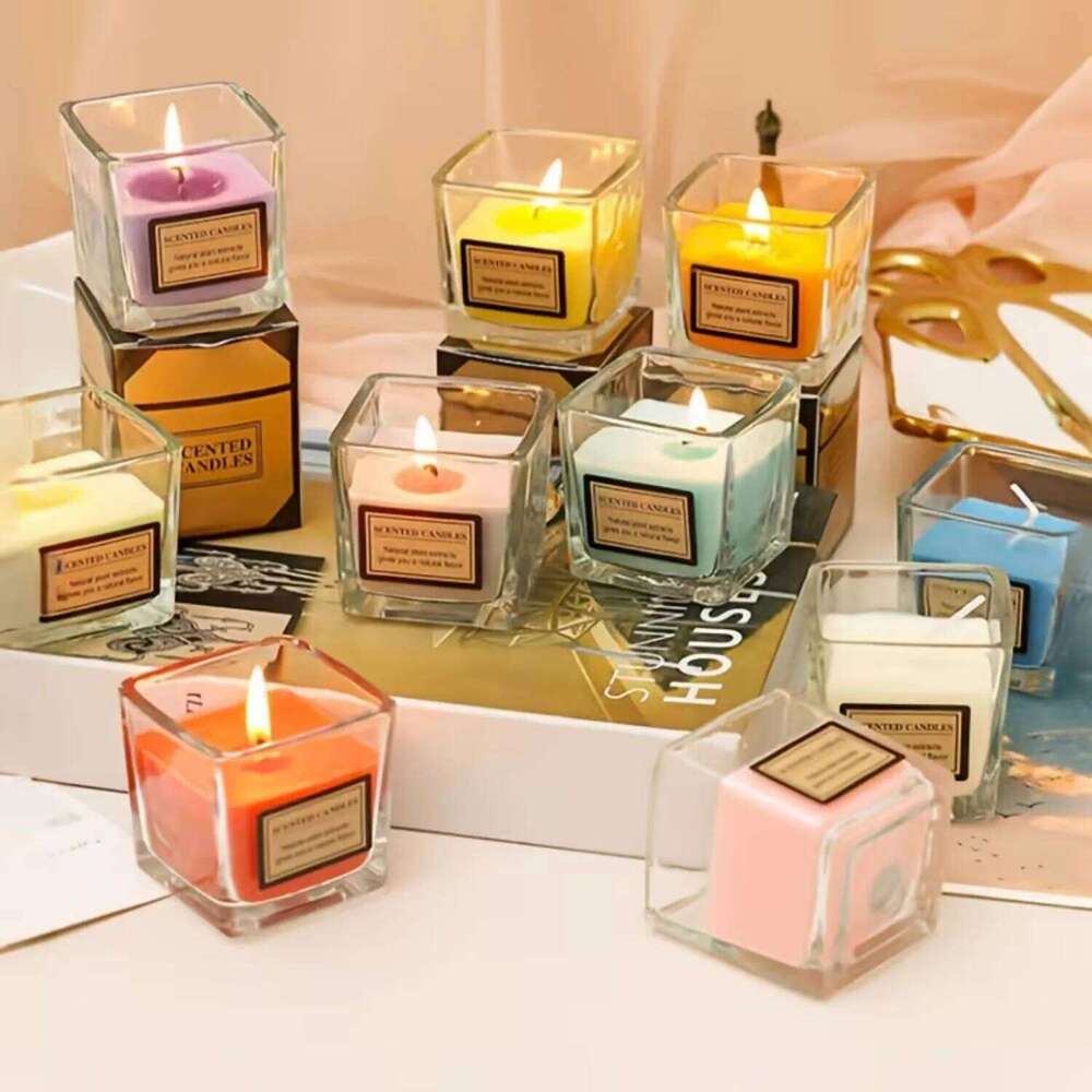 Colorful Smokeless Square Cup Glass Candle 1pc Niche Aromatherapy Romantic Ins Minimalist Home Decor Gift for Birthday W260303