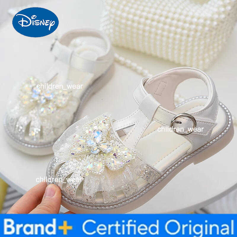 Disney Sweet Glitter Mesh Bowknot Decoration Gladiator Sandals Girl 2025 Summer Cool Hollow Magic Tape Sandals Child Cute Beach Shoes H260303