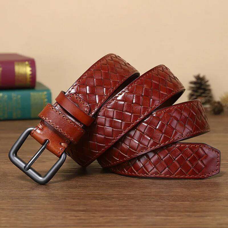 3.3cm Men Braided Young Style Top Layer of Cowhide Genuine Leather Needle Alloy Buckle Belt Woven Couple's Versatile Belts S260228