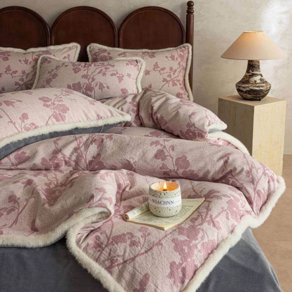 Retro Cotton Linen Thickened Milk Velvet Four-Piece Winter Warm Bedding Set Floral Printed Quilt Cover Pillowcase Bed Sheet W260302