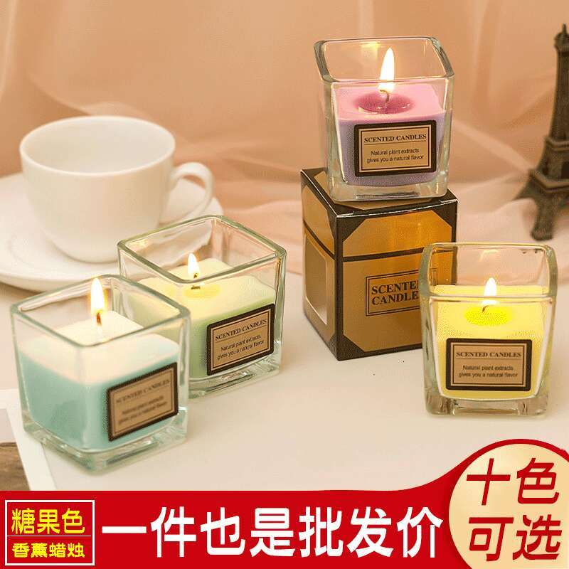 Candy Color Internet Celebrity Fragrance Glass Square Cup Bedroom Home Incense Ornament Fresh Wholesale Aromatherapy Candle W260303