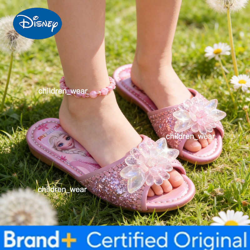 Disney Childrens Sandals Fashion Frozen Elsa Princess Pink Blue Rhinestone Shoes Shiny Soft Sole Non Slip Girls Sandals H260303