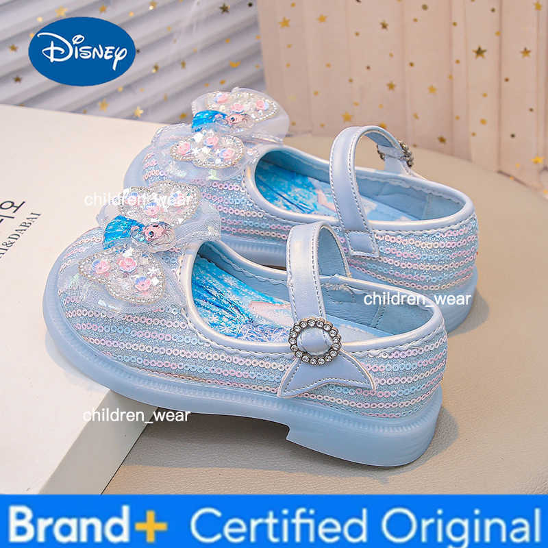 Disney 2025 Cartoon Elsa Soft Bottom Shoes Girl Princess Shoes Frozen Crystal Sandals Children Flat Flower Girl Leather Shoes H260303