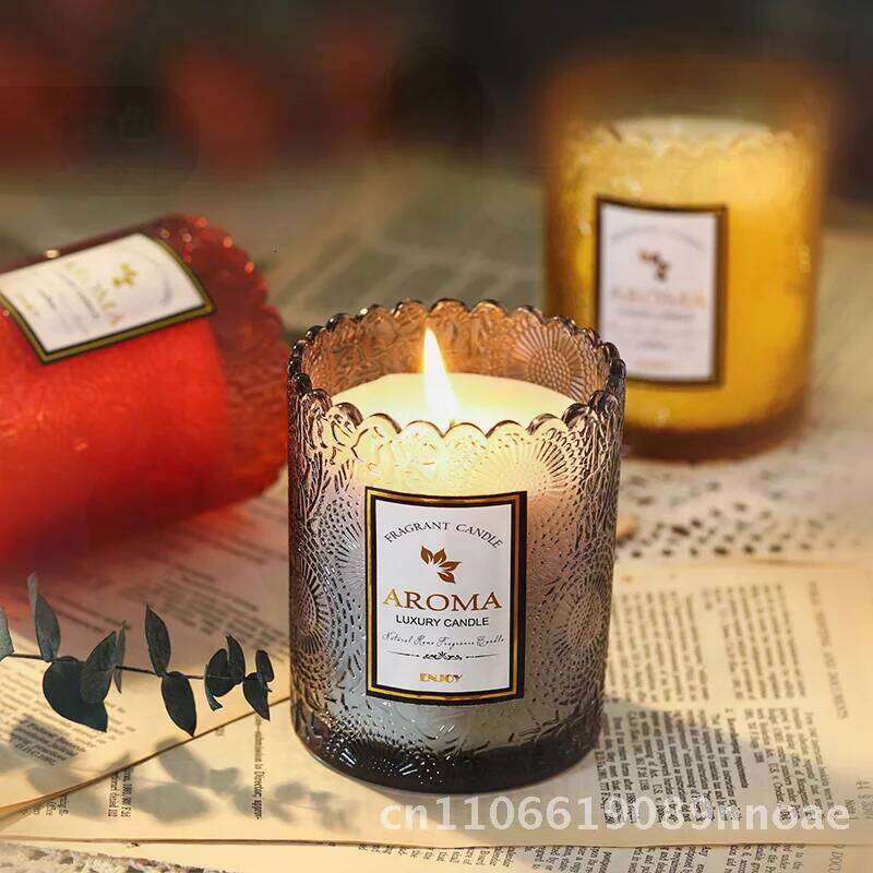 Lace Embossed Soy Wax Scented Candle Smokeless Essential Oil Fragrance Home Gift Handcrafted Gardenia Beauty Cylindrical Glass W260303