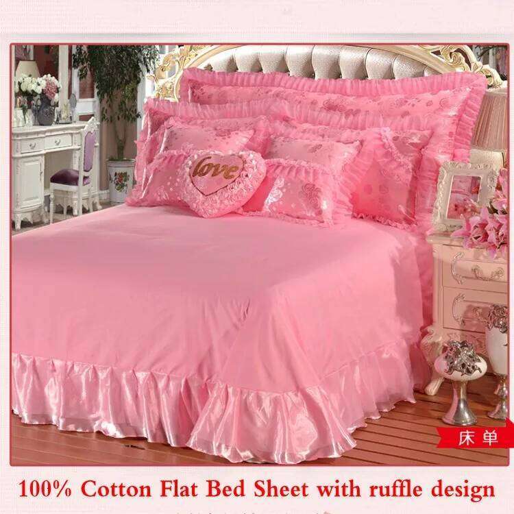 Red Jacquard Satin Cotton Bedding Set, Luxury Chinese Wedding Princess Heart-Shaped Lace Duvet Cover, Bed Sheet, Pillowcases W260302