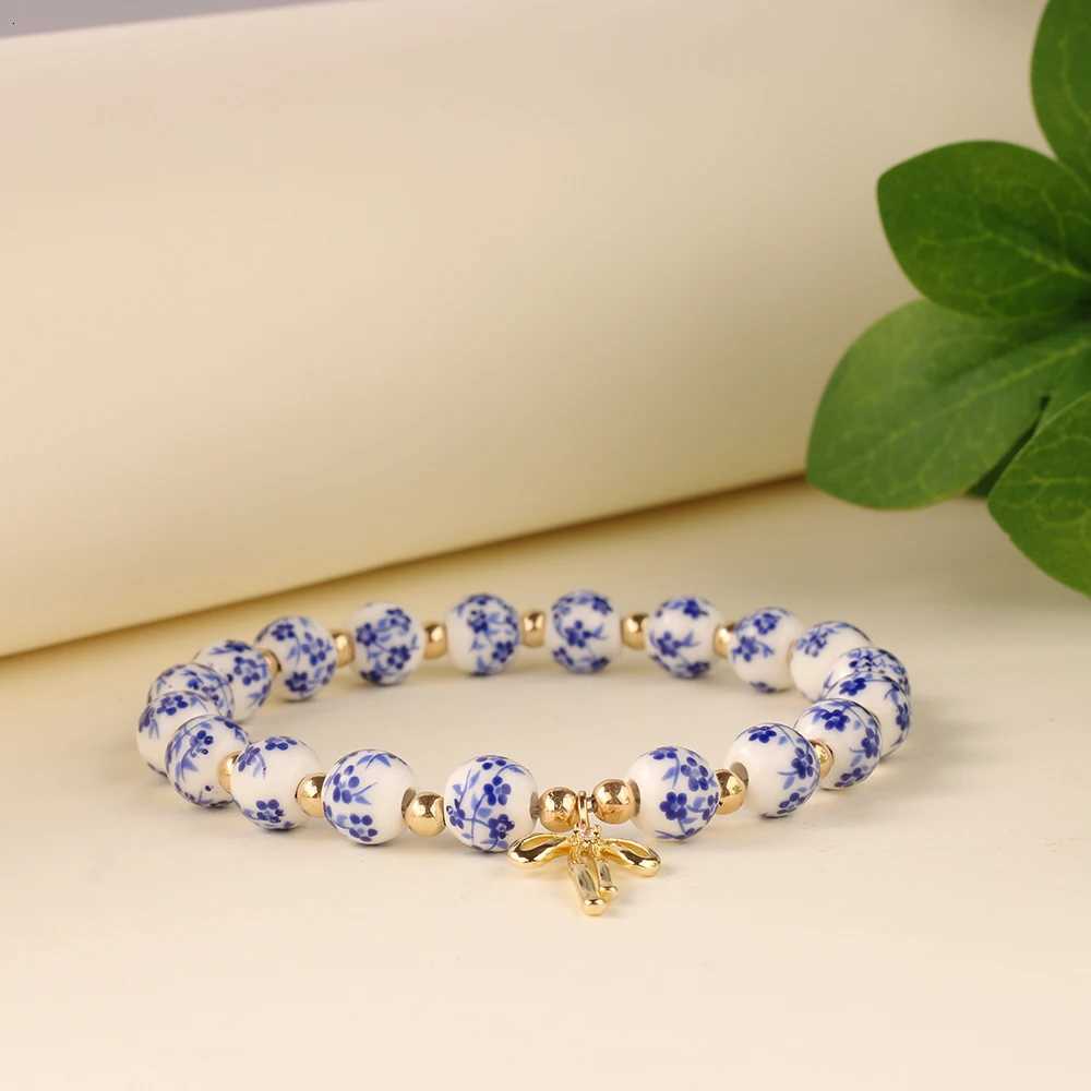 gold jewelry bow bracelets for women blue and white porcelain ceramics beaded bangles jewellery pulseras H260303
