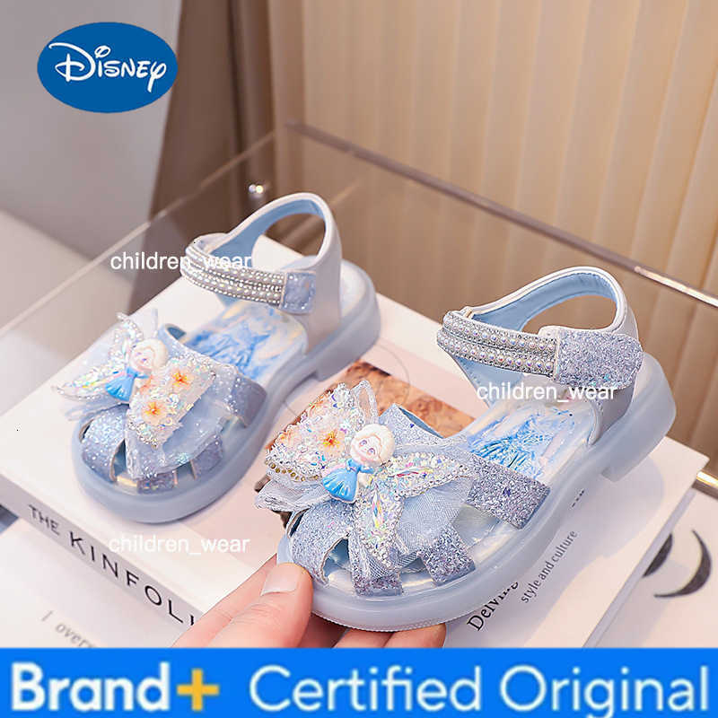 Disney Sandals Girls Princess PU Leather Summer Fashion Crystal Sequin Flat Bottom Shoes For Breathable Anti-slip Blue Pink Size 23-33 H260303