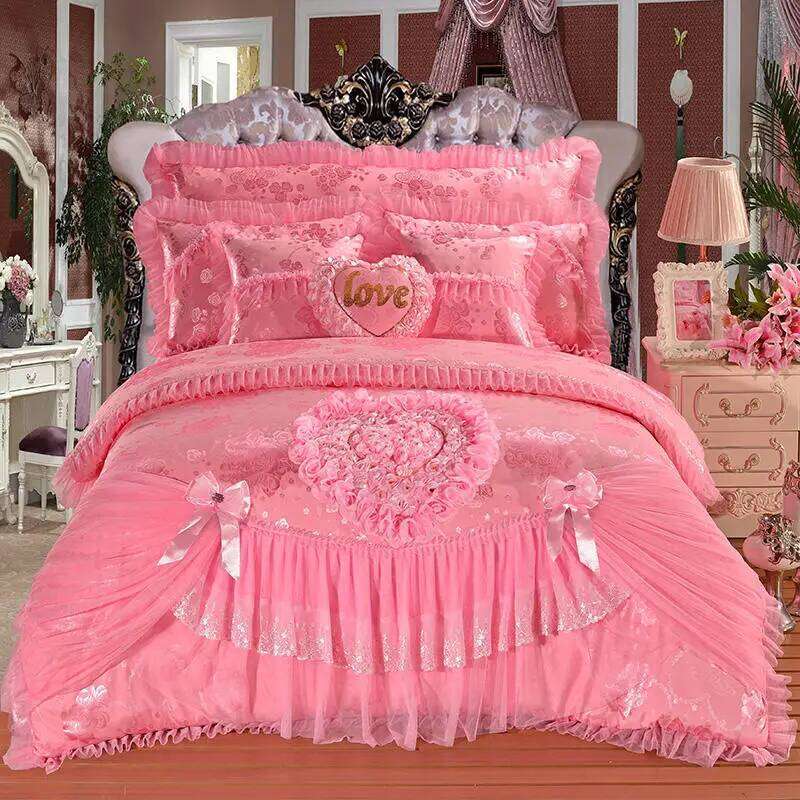 Red Jacquard Satin Cotton Bedding Set, Luxury Chinese Wedding Princess Heart-Shaped Lace Duvet Cover, Bed Sheet, Pillowcases W260302