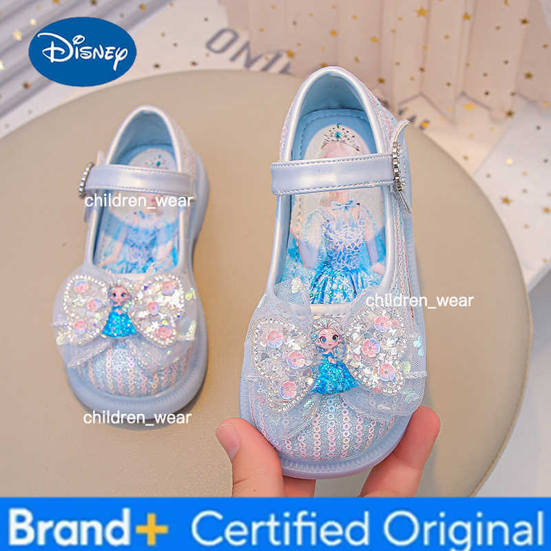 Disney 2025 Cartoon Elsa Soft Bottom Shoes Girl Princess Shoes Frozen Crystal Sandals Children Flat Flower Girl Leather Shoes H2603031