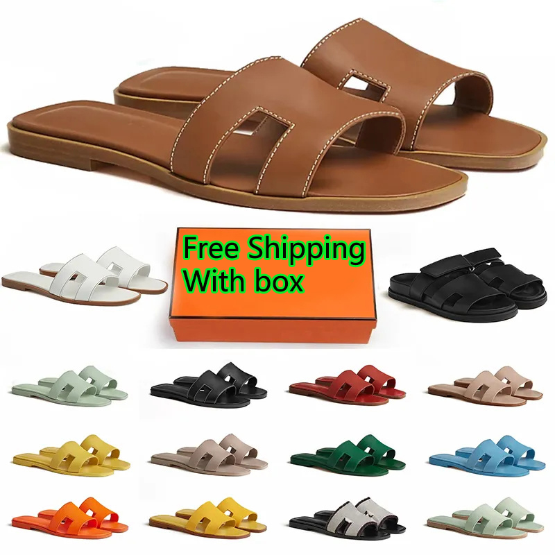 Free Shipping with box womens designer slippers flat slides summer beach sandals women slide white black brown leather sandal