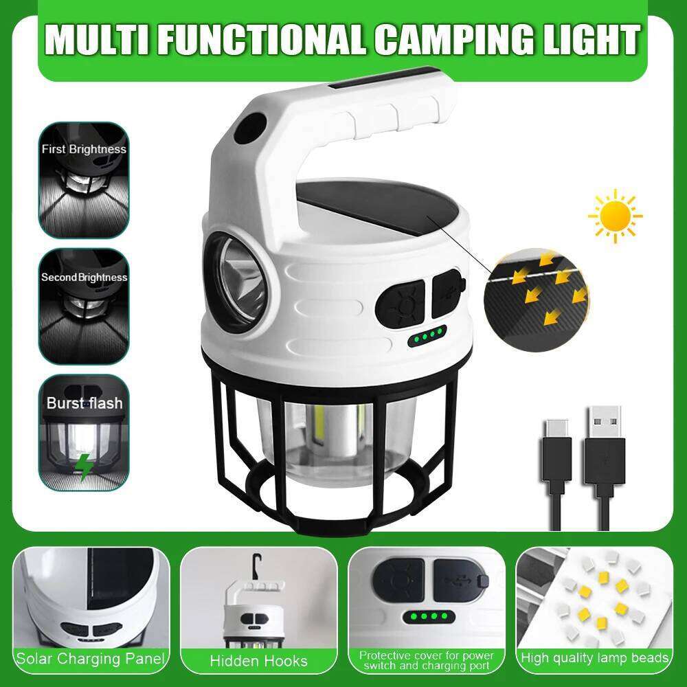 Solar LED Camping Light USB C Rechargeable Outdoor Waterproof Tent With Hook Portable Lanterns Emergency Lights Lamp S260302