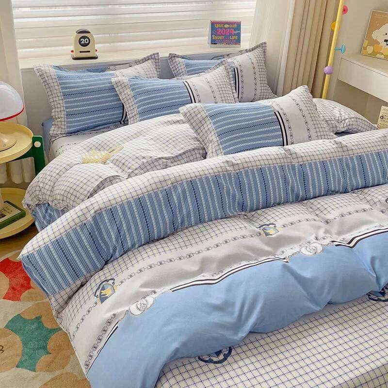 Piece, 100% Cotton Bedding 4 Piece Sheet Comforter Set, Simple Striped Check Couple Bed Quilt Set W260302