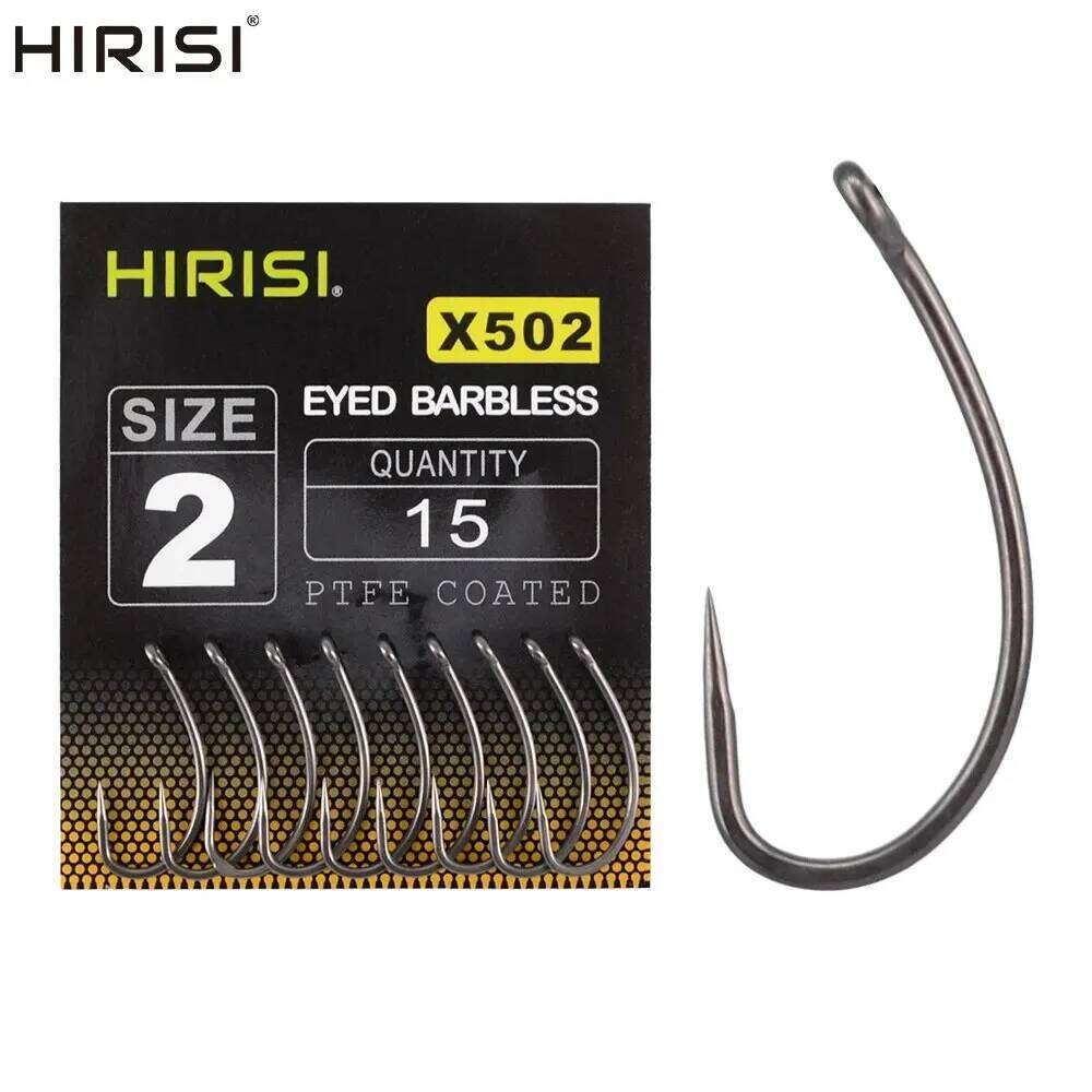 Hirisi 15pcs PTFE Coated High Carbon Stainless Steel Barbless Fish Hook With Eye X502 Fishing Accessories Z260228