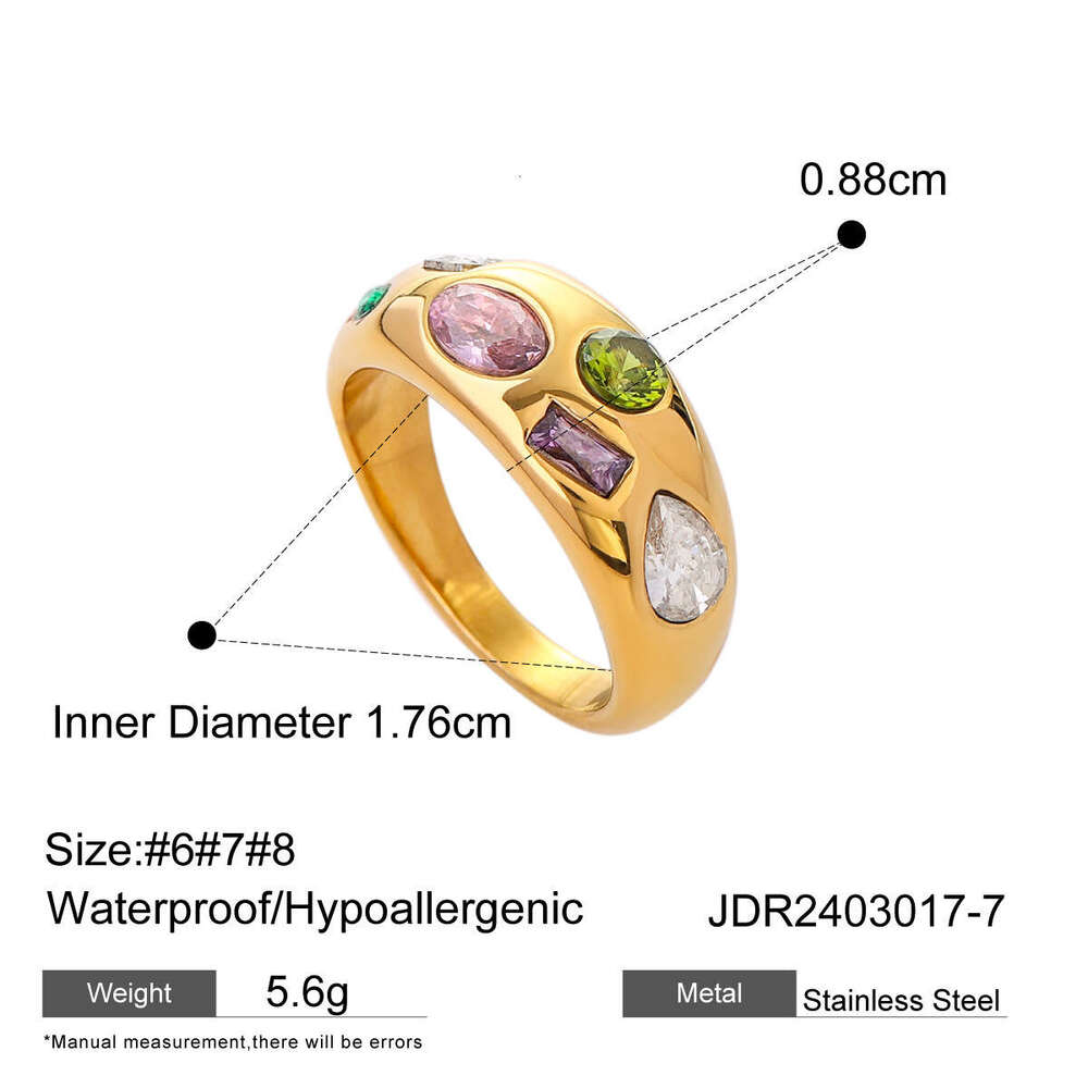 European and American INS Trendy 18K Gold Stainless Steel Inlaid Colorful Zircon Size 7 Cross-Border Wholesale New Ring