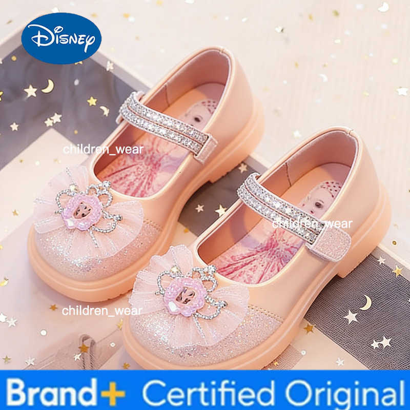 Disney KidsCasual Shoes Crystal Bow Princess Elsa PU Leather Shoes Spring Shoes For Girls Soft Bottom Pink Blue Shoes Size 26-34 H260303