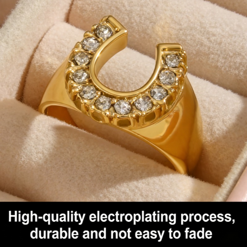 Women's Elegant U-Shaped Zircon Inlaid Ring Minimalist High-End Texture Open Adjustable Finger Ring Luxury Daily Party Banquet Premium Jewelry Gi