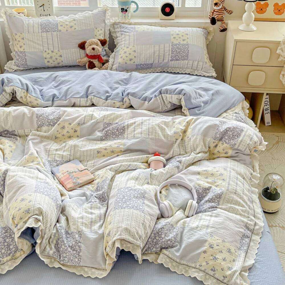 Double Layer Yarn Bedding Print Floral Four Pieces Set Soft Comfortable Duvet Cover Bed Sheet With Pillowcases Home Textiles W260302
