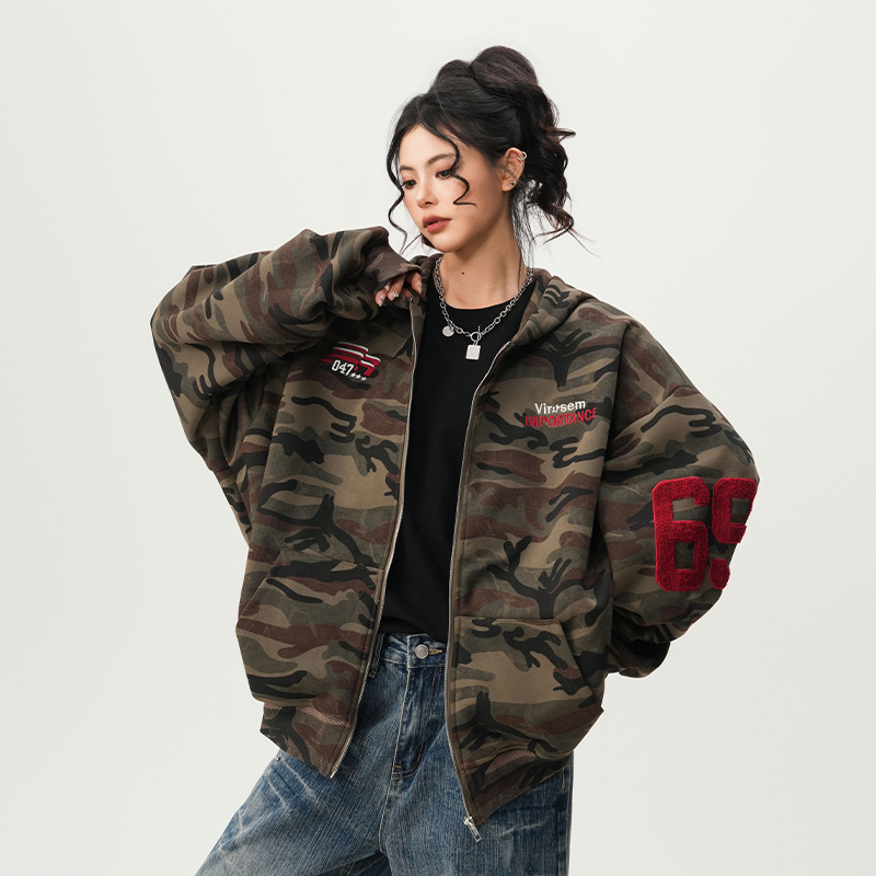2026 New American High Street Camouflage Zip Up Hoodie, Unisex Couples Autumn Winter Vintage Streetwear Loose Casual Hooded Outerwear