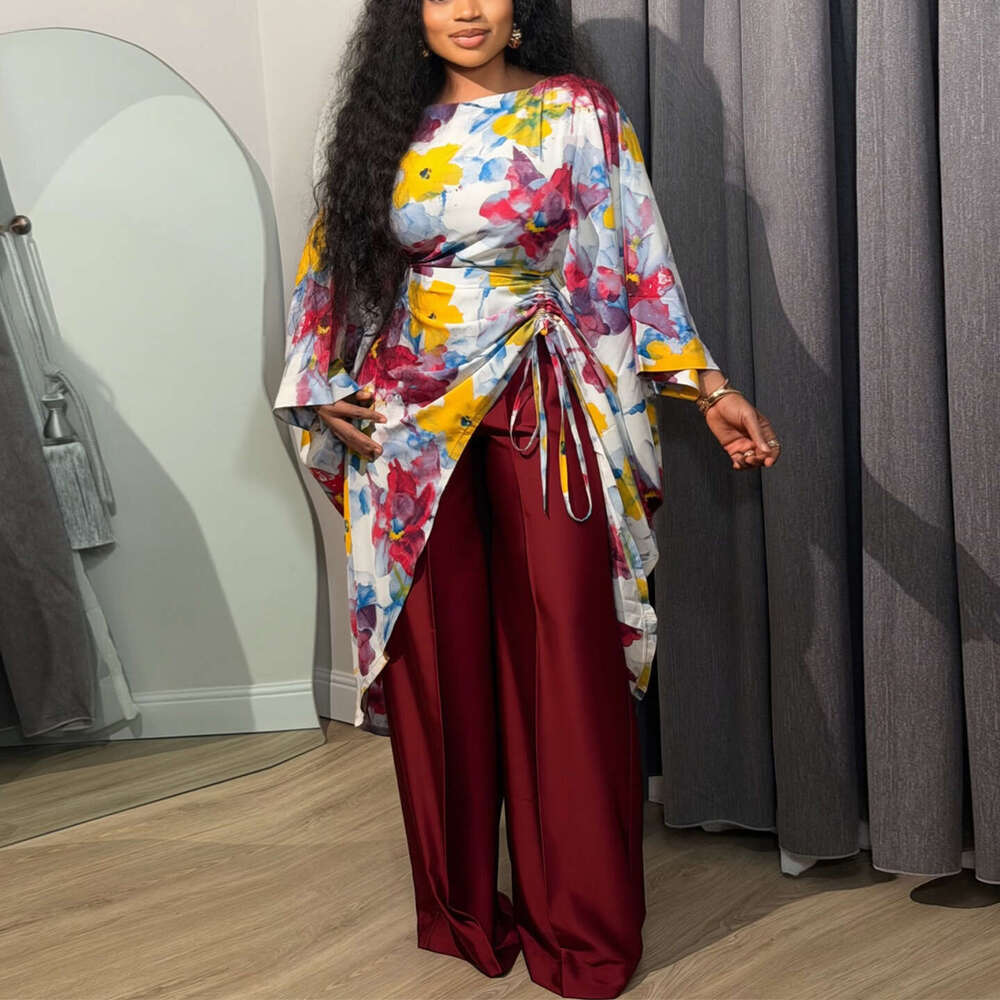 Amazon European And American Cross-Border 2026 Spring New Plus Size Printed Batwing Sleeve Wide-Leg Pants Set Elegant Casual Style