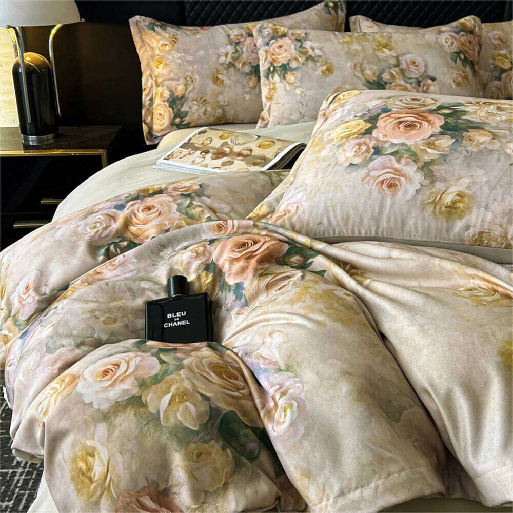 Flower Printed Bedding Soft Luxury Bedroom Decor Duvet Cover Comforter Pillowcase Bed Sheet Washed Cotton Four Piece Set W260302
