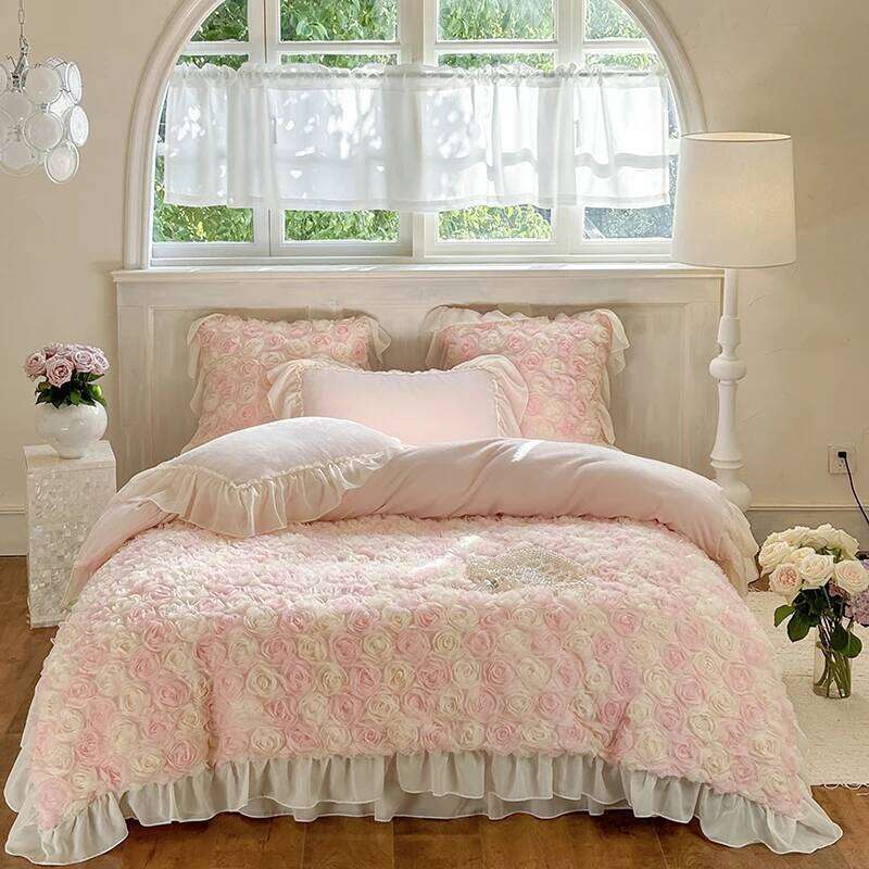 Three-Dimensional Rose Flowers Lace Ruffles Princess Wedding Bedding Set Warm Milk Velvet Duvet Cover Bed Sheet Pillowcases 4Pcs W260302
