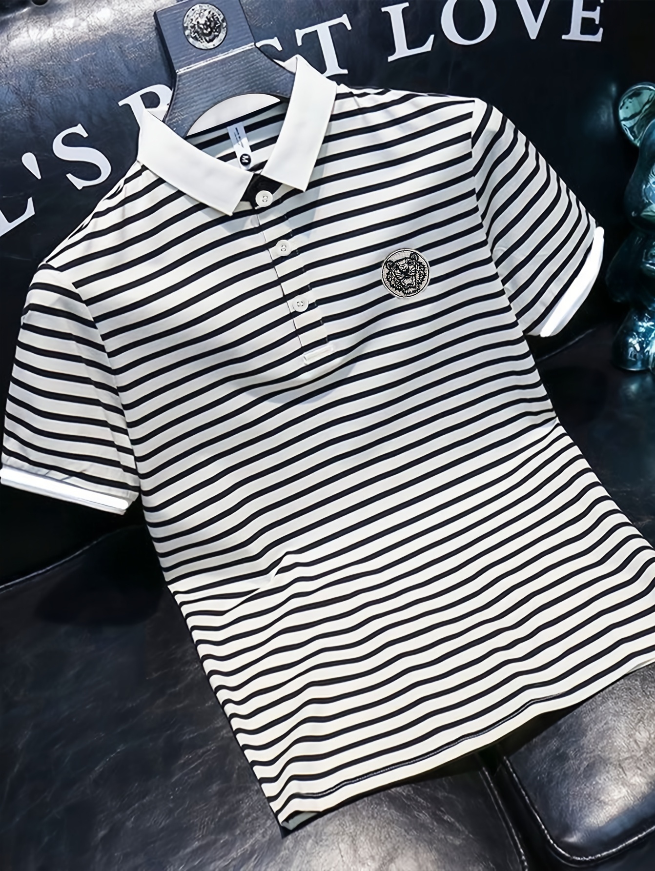 Luxury Brand Designer Clothes Embroidered Striped Short Sleeve Polo Shirt | Casual Skinny Fit Men's T-Shirt, Medium Stretch Fabric, No Belt, Anim