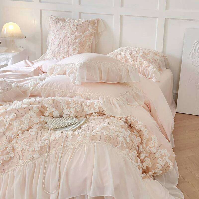 Korean Style Pink Lace Flowers Princess Bedding Set Egyptian Cotton Ruffles Comforter/Duvet Cover Bed Sheet Pillowcases W260302