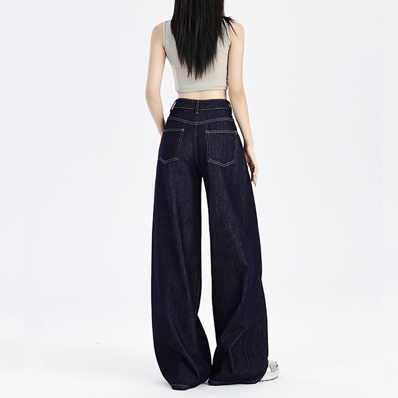 Designer Pnts Spring Nd Autumn Americn-style Drk Blue Jens For Women 2026 New Model High-wisted Slimming Stright-leg Loose Wide-leg Pnts For Petite Figures