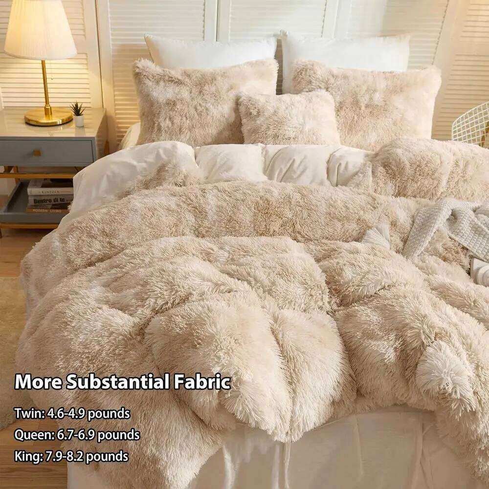 King Size Tie-Dye Plush Faux Fur Duvet Cover Set with 2 Pillowcases, Light Beige W260302