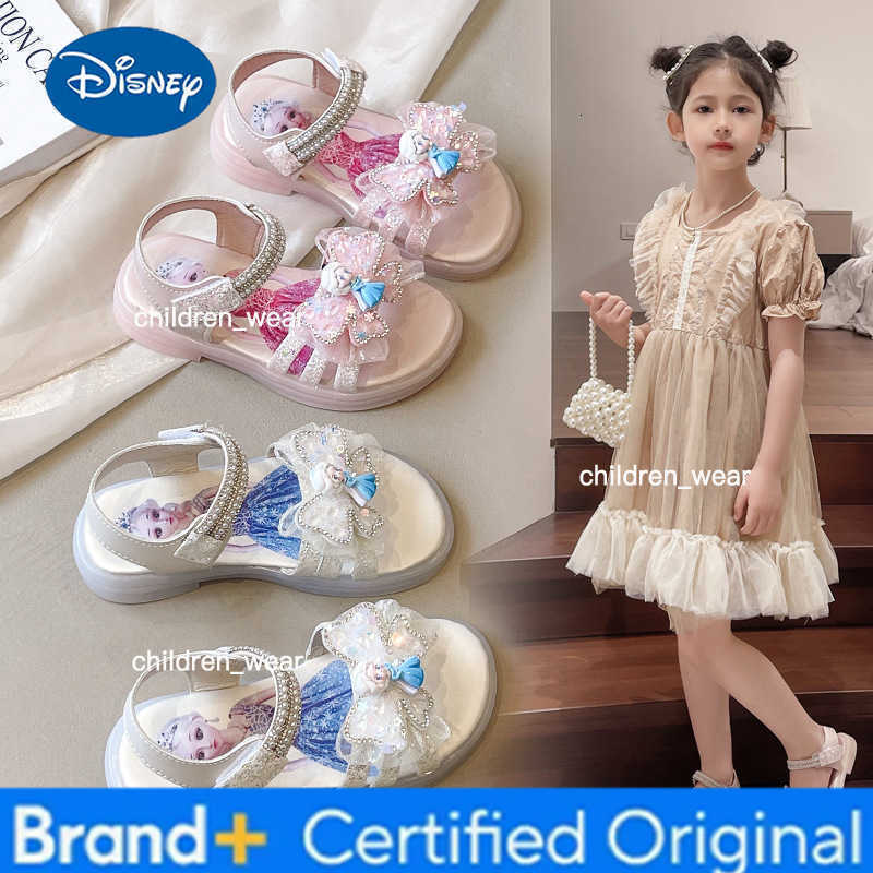 Disney 2026 Summer KidsSandalsl Elsa Princess Frozen PU Leather Sequin Pearl Summer Shoes Anti-slip Breathable Pink Blue H260303