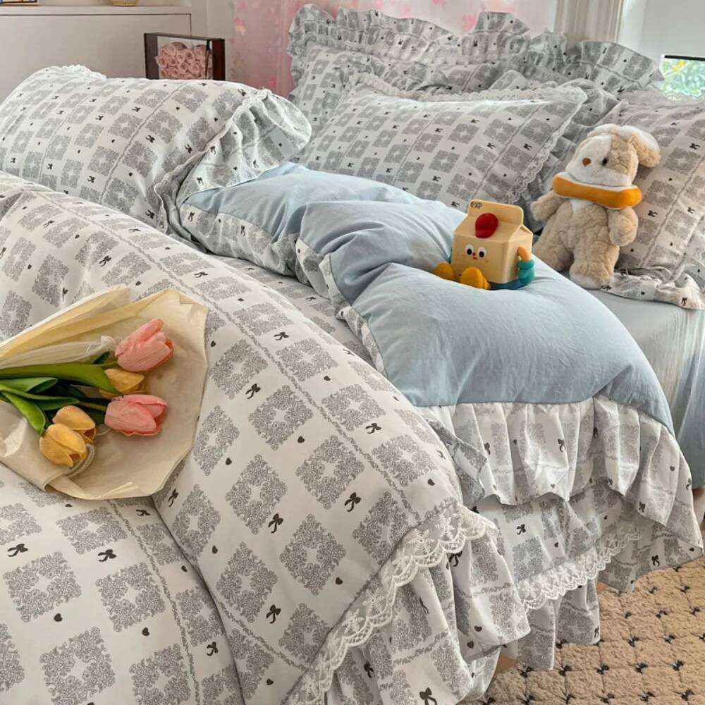 Korean Pure Cotton Bedding Princess Style Four Piece Set Student Dormitory Quilt Cover Bed Sheet Bedroom Decor Home Textiles W260302 W260302