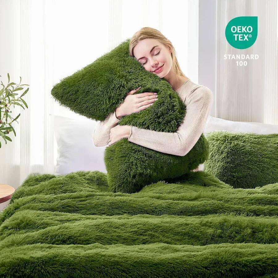 Size Luxury Fuzzy Duvet Set 3 Pieces Fluffy Shaggy Plush Soft Bedding Comforter Cover in Green for Queen Bed W260302