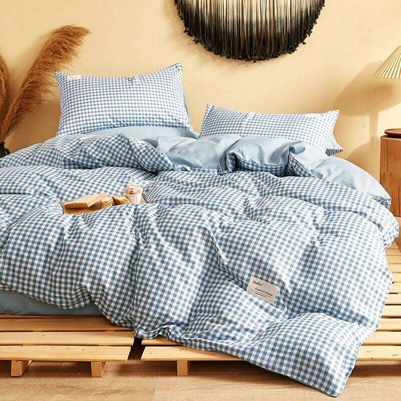 Japanese Style Grid Printed Bedding Washed Cotton Sleeping Naked Quilt Cover Sets Queen/king Size Bed Linens Set W260302
