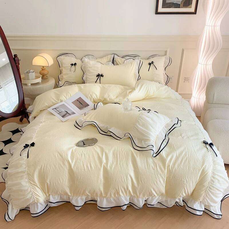 4pcs/set Korean Princess Girls Lace Ruffled Bow Bedding Set Duvet Double Bed Sheets Washed Cotton Twin Queen Quilt Cover W260302