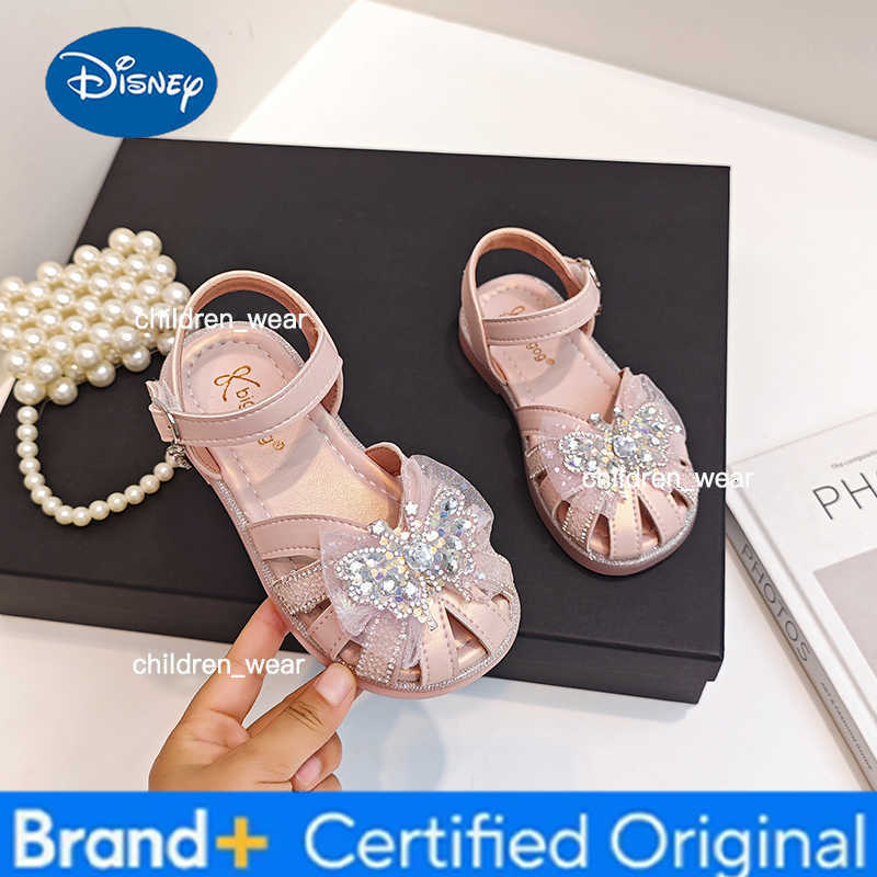 Disney Girls Princess Sandals with Butterfly-knot Children Half Sandals Cut-outs Kids Crystal Lace Sweet Shoe Soft Breathable Anti-kick H260303