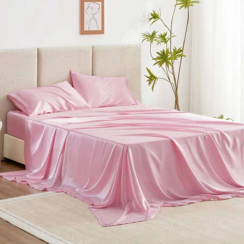 4 Piece Pink Silky Satin Bed Sheets Queen Set with Deep Pocket W260302