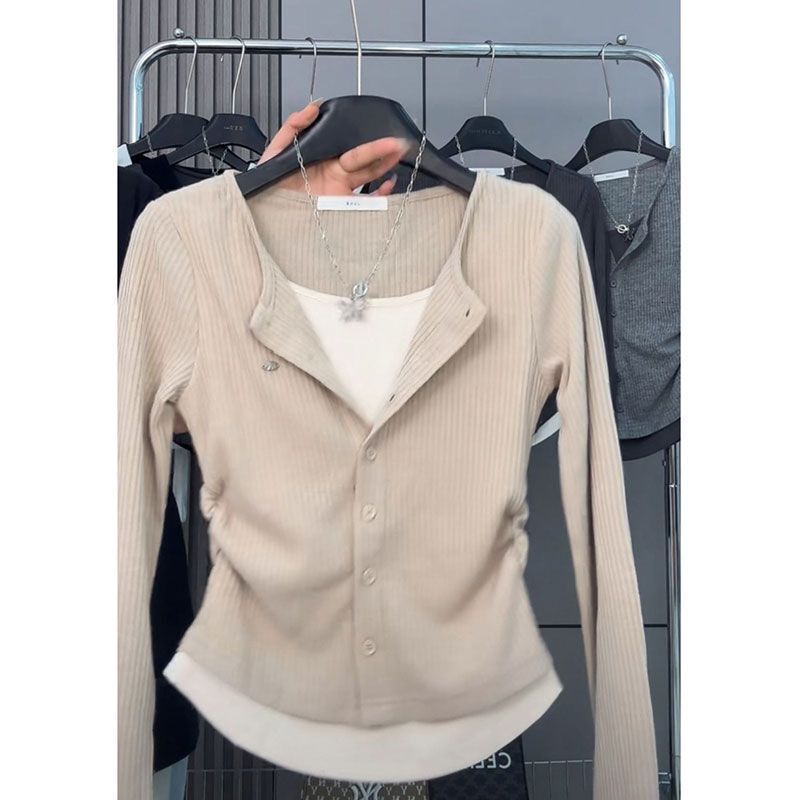 Fake Two-piece Long-sleeve T-shirt For Women New American Retro Slim-fit Polo Shirt Hot Girl Top Slim-fitting Designer Hoodie Inner Designer Shirt Layer Base Shirt