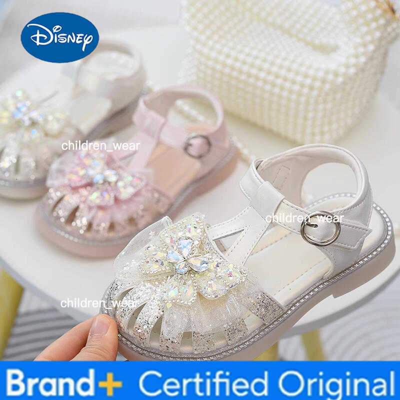 Disney Sweet Glitter Mesh Bowknot Decoration Gladiator Sandals Girl 2025 Summer Cool Hollow Magic Tape Sandals Child Cute Beach Shoes H260303