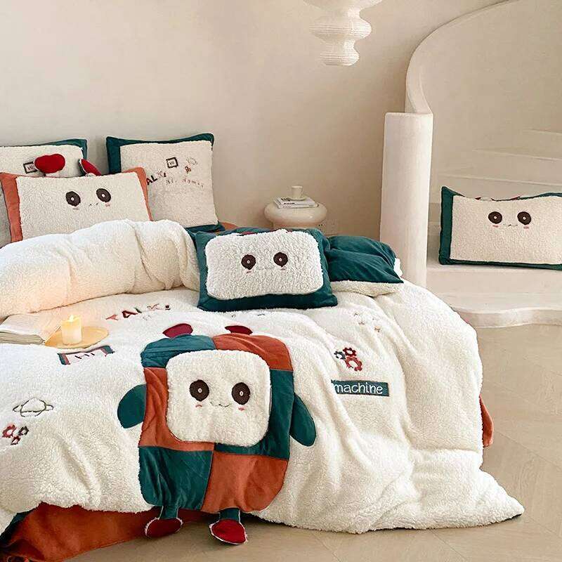 Winter Cartoon Cute Style Double-sided Buvet Thickened Lamb Fleece Four Piece Set Coral fleece Duvet Cover Plush Bedding W260302