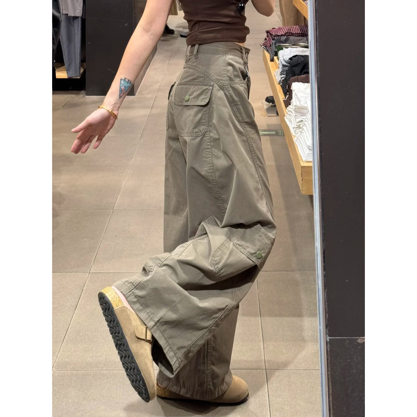 Americn Retro Rmy Green Scimitr Crgo Pnts For Women Utumn/winter New Style Multi-pocket Fleece-lined Wide-leg Designer Pnts Csul Pnts