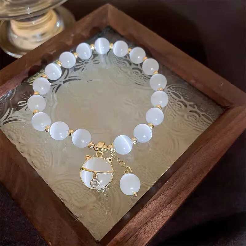 Exquisite Opal Beaded Bracelet For Women Elegant Lucky Cat Pendant Elastic Bracelets Fashion Light Luxury Jewelry Girls Gifts H260303