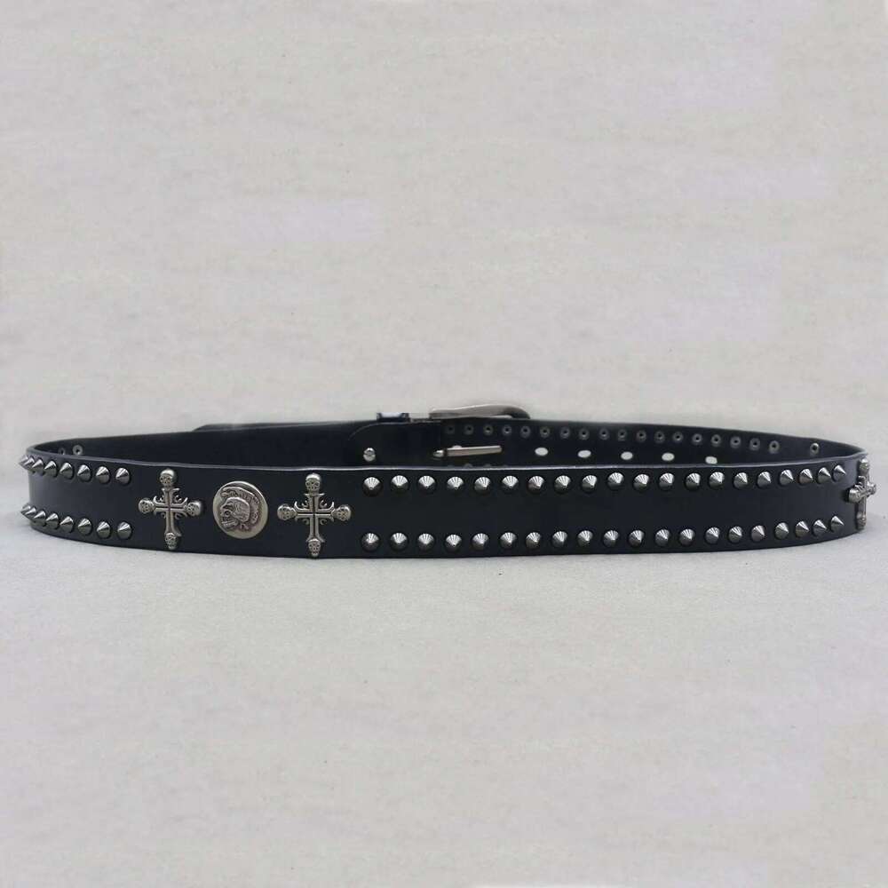 Metal Skull Cross Cowboy Genuine Leather Cowskin Belt Punk Rivet Jeans Belts For Men Ceinture S260228