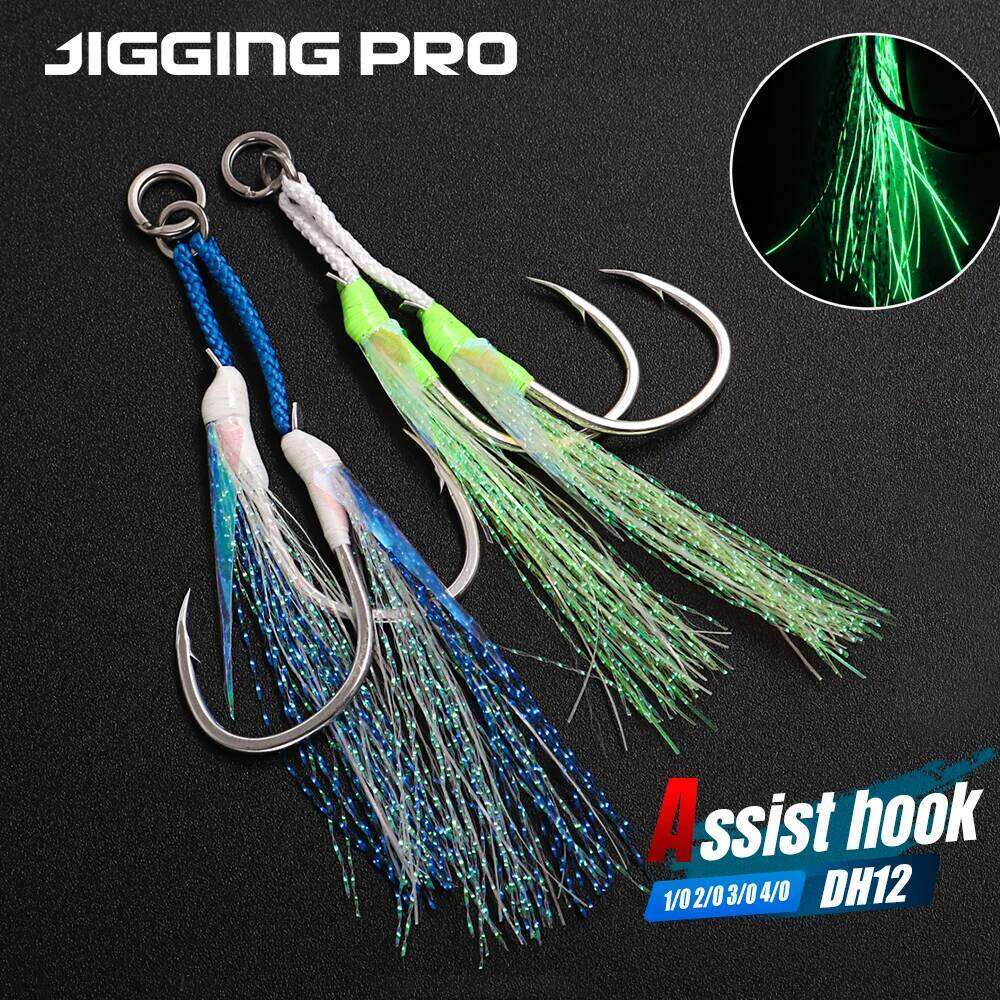 JIGGING PRO Twin Assist Hooks 1/0 2/0 3/0 4/0 Double Barbed BKK High Carbon Steel Fishing With Glow Feather Jigging Hook Z260228