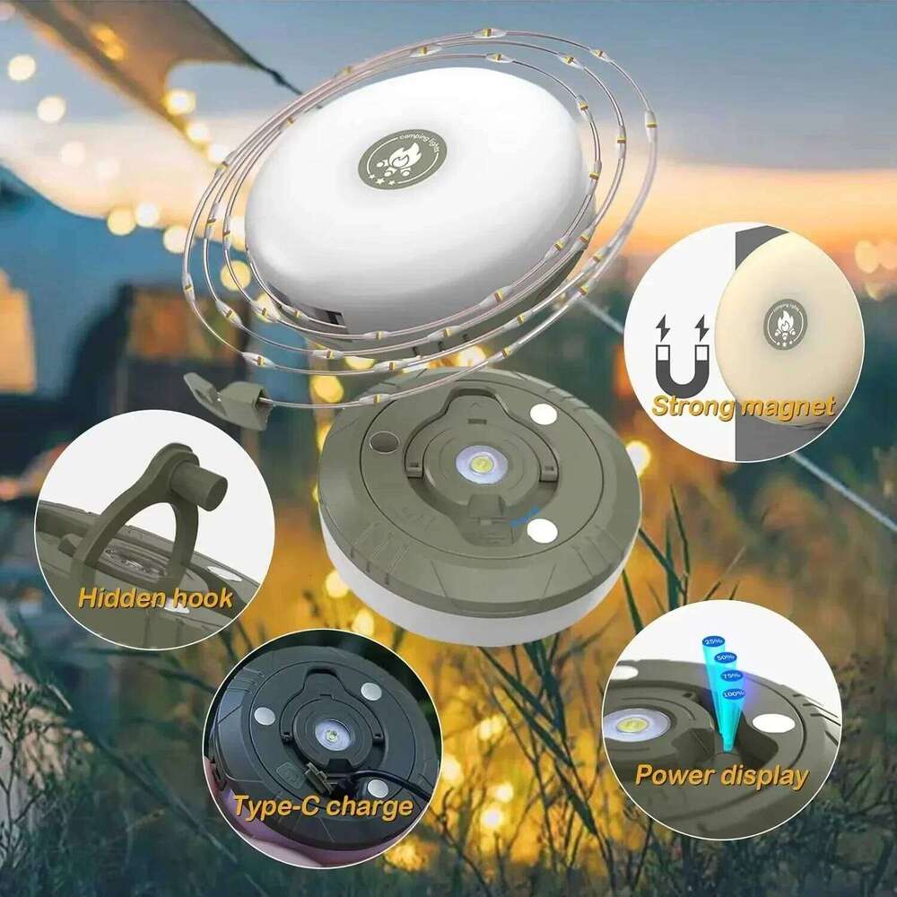 Rechargeable 4-in-1 Camping String Light - RGB/Warm LED Reel w/8 Modes, Magnet & Hook Waterproof Lantern for Tent/Garden/Outdoor S260302