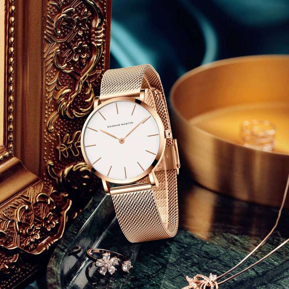Hannah Martin Women Original Imported Japanese Movement Stainless Steel Mesh Belt Classic Minimalist Wind Rose Gold Watch XJ260303