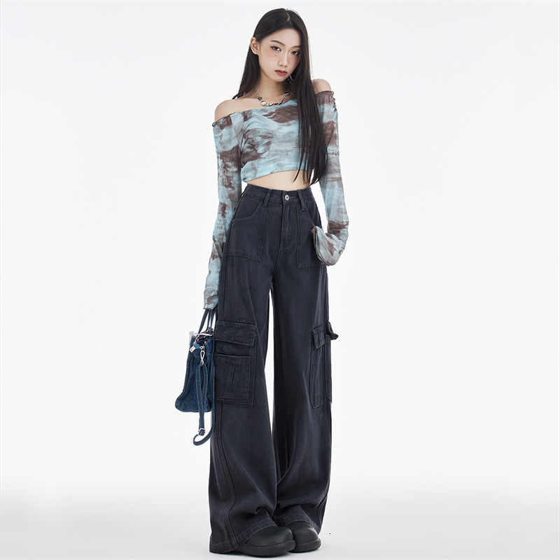 Trendy Cool Crgo Pnts For Women Loose Fit Designer Pnts Autumn Winter New Design High Wist Slimming Wide Leg Denim Csul Pnts