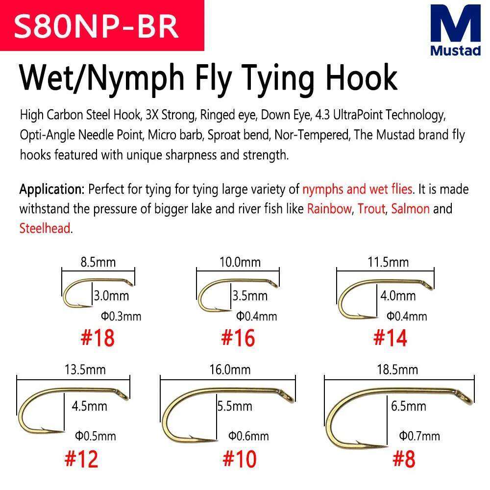 Mustad 50pcs High Carbon Steel Barb Fly Tying Hook For Dry Wet Nymph Streamer Caddis Trout Salmon Steel Baits Z260228