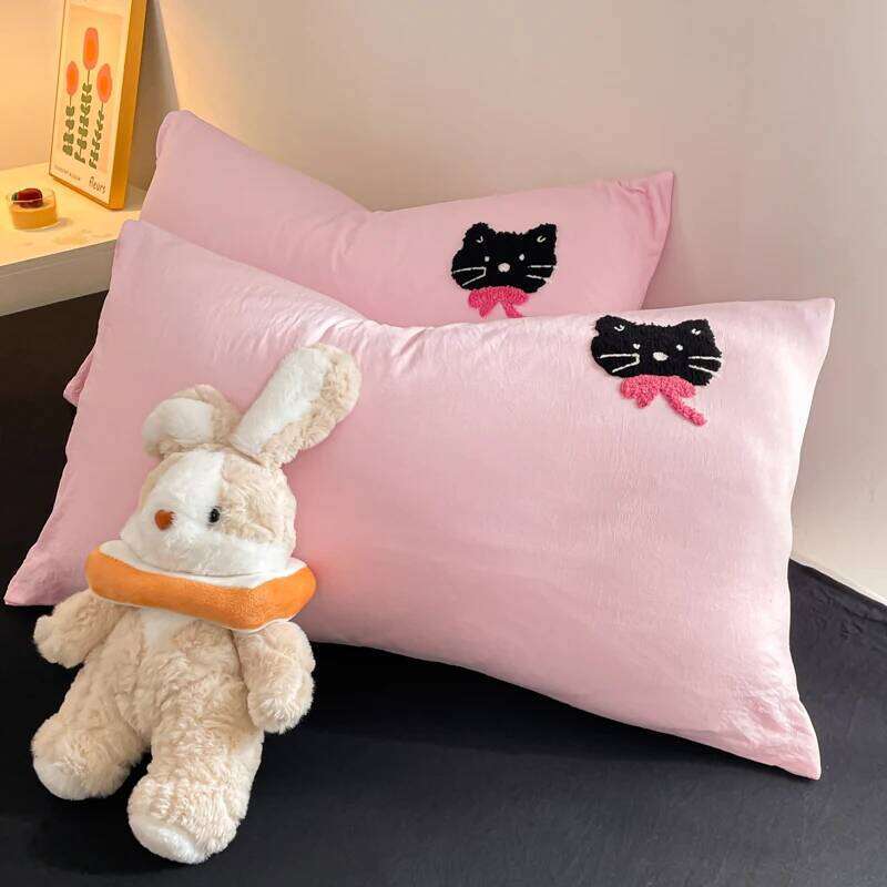 Korean Style Pink Bedding Set Black Cat Embroidery Washed Cotton Duvet Cover Cute Cardboard Bed linen Comforter Sets W260302